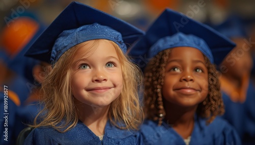 Children Celebrate Graduation Day in Bright Blue Caps and Gowns at a Joyful C...