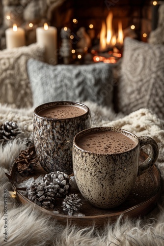 Warm Mugs of Hot Cocoa Beside a Cozy Fireplace During Winter Nights With Soft...