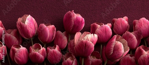 Colorful Tulips in Various Shades Arranged on a Textured Maroon Background