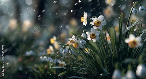 Daffodil Flowers Bloom in a Garden During a Gentle Rain Shower in Early Spring