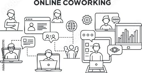 Minimalist line art vector illustration of online coworking with people collaborating through digital devices, suitable for business and technology contexts