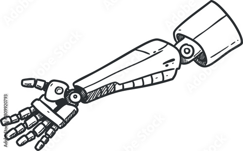 Sketch-style vector illustration of a robotic hand, showcasing innovative technology and mechanical design for engineering and science projects