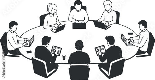 Black and white vector illustration of a business meeting around a circular table featuring professionals using laptops and discussing ideas.