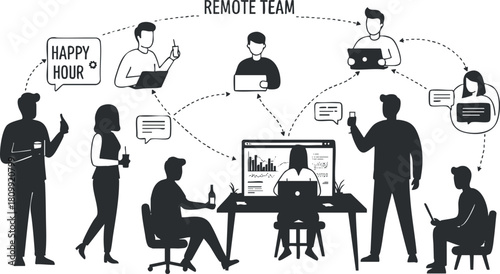 Flat vector illustration depicting a remote team engaging in communication and collaboration during a happy hour event.