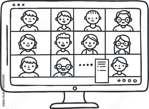 Hand-drawn vector illustration of a computer screen displaying a video conference with multiple participants for remote collaboration