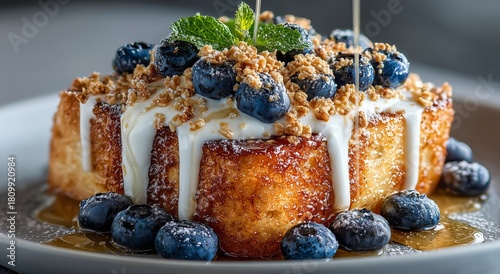 Delicious Dessert Topped With Blueberries and Cream Served Beautifully on a P...