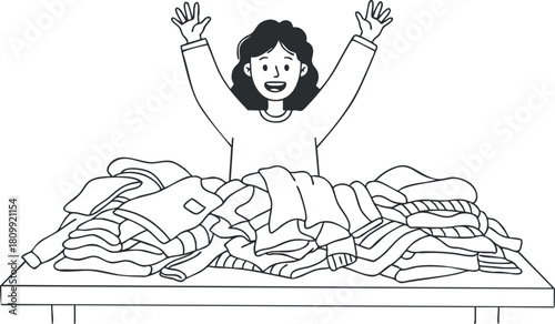 Minimalist black and white vector illustration of a joyful woman celebrating after folding a pile of clothes for home organization
