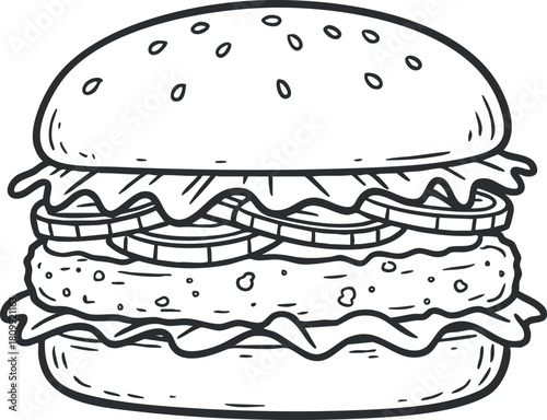 Hand-drawn outline vector illustration of a delicious burger featuring layers of lettuce, cheese, and tomato for food-related projects
