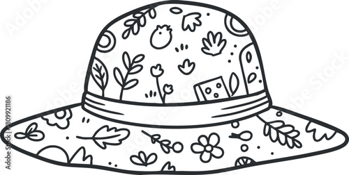 Hand-drawn outline vector illustration of a floral patterned sun hat, perfect for summer fashion and outdoor activities