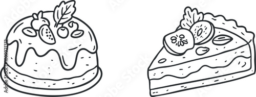 Hand-drawn black and white vector illustration of a cake and a slice of dessert, perfect for food-related designs and branding.