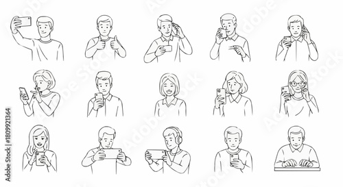 Collection of diverse people using smartphones and tablets in various poses and expressions.