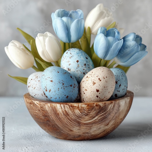Colorful Eggs and Tulips in a Wooden Bowl for Spring Decoration