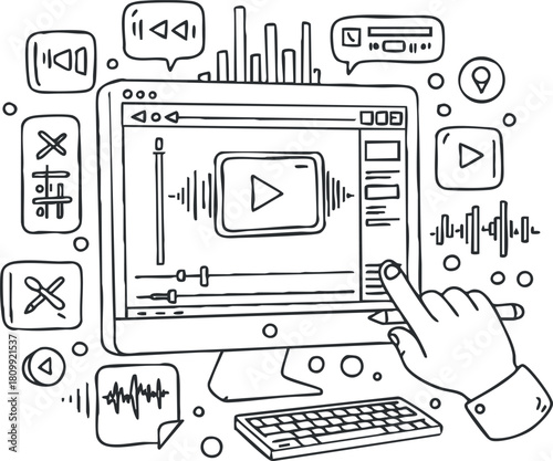 Hand-drawn vector illustration of a computer screen displaying multimedia controls and audio elements for digital media projects