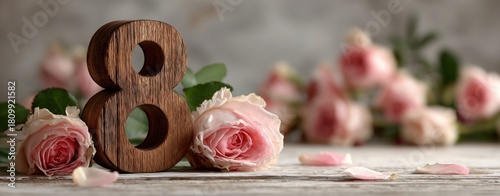Wooden Number Eight With Pink Roses on Rustic Table During a Spring Celebration