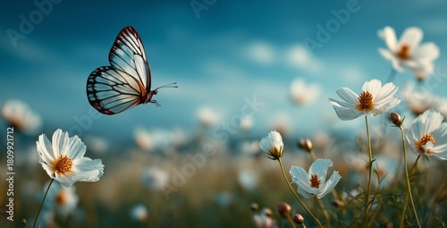 Colorful Butterfly Hovering Over Blooming Flowers in a Serene Garden Scene Du...