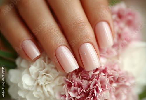 Elegant Manicured Nails Resting on Soft Pink Flowers in a Serene Setting
