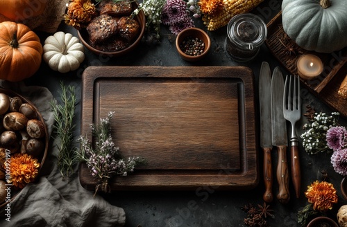 Autumn Harvest Preparation With a Rustic Wooden Cutting Board and Seasonal In...