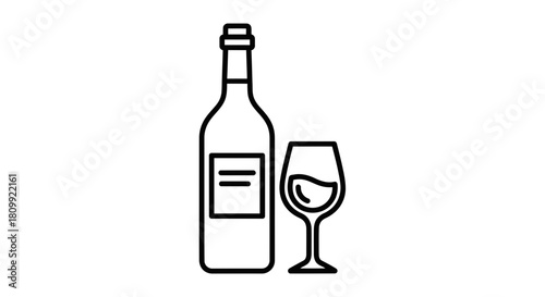 Wine Bottle and Glass Icon – Alcohol Drink Outline, Winery Beverage Symbol