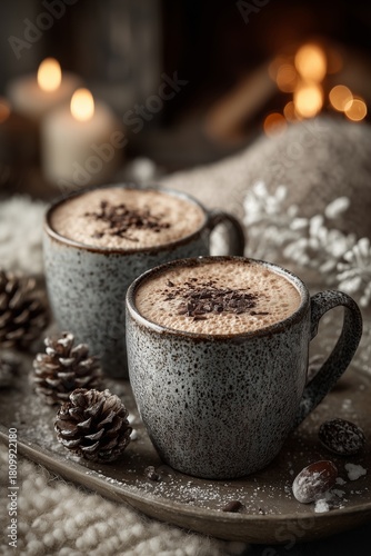 Cozy Winter Evening With Hot Chocolate and Pinecones by the Fireplace