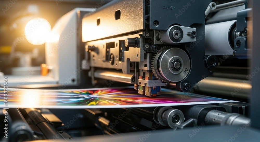 Fototapeta premium High-quality printing machine in action, showcasing vibrant colors on paper, with intricate mechanics visible, representing advanced printing technology and craftsmanship in a modern printing house