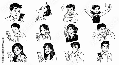 People using smartphones showing various emotions and expressions in black and white.
