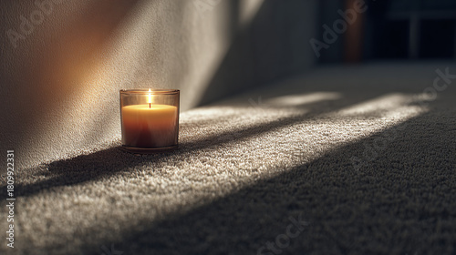 A solitary candle casting long shadows on the floor creating a warm and inviting atmosphere