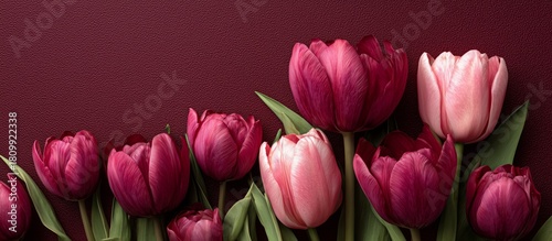 Colorful Tulips in Various Shades Arranged on a Textured Maroon Background