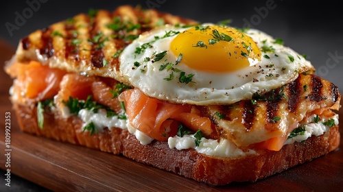 Delicious Grilled Sandwich With Salmon, Cream Cheese, and Fried Egg Served on...