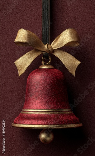 Decorative Red Bell With a Gold Bow Hung on a Dark Wall for Festive Occasions...