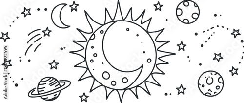 Whimsical hand-drawn vector illustration of celestial bodies including sun, moon, and stars for creative design projects