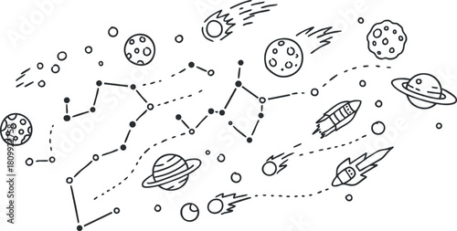 Whimsical vector illustration of space featuring planets, rockets, and stars in a minimalist style for educational or decorative use