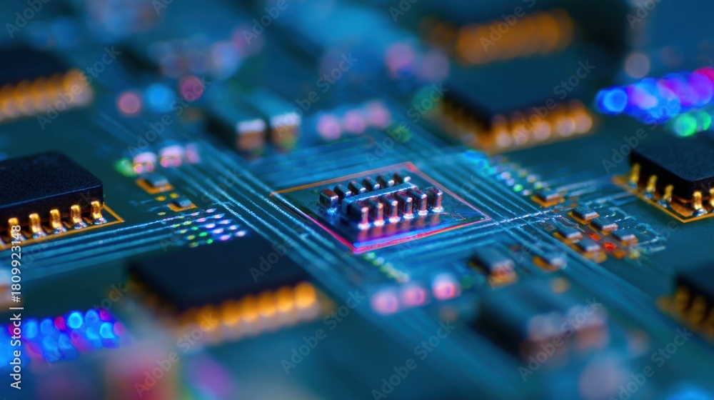 Obraz premium A microchip sits on a circuit board surrounded by intricate patterns of blue green and gold circuitry. Tiny components glow creating a vibrant tech scene.