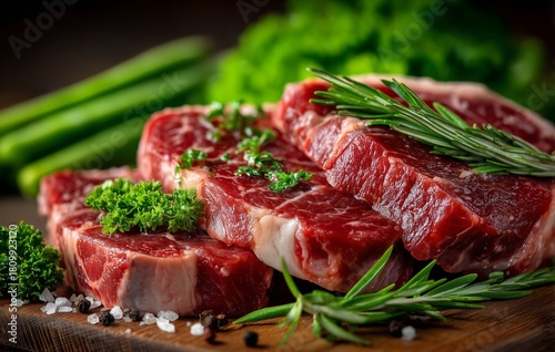 Fresh Cuts of Meat Arranged on a Wooden Board With Green Herbs in a Bright Ki...