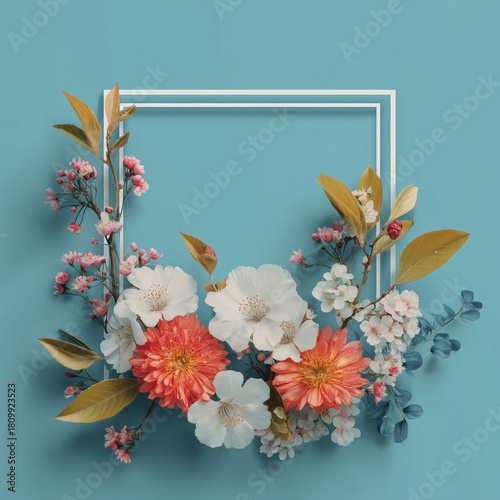 Colorful Floral Arrangement With Empty Frame Against a Blue Background