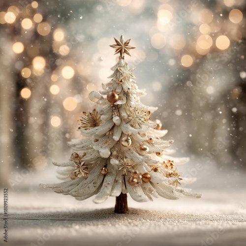 Beautifully Decorated Snowy Christmas Tree With Warm Lights in a Serene Winte...