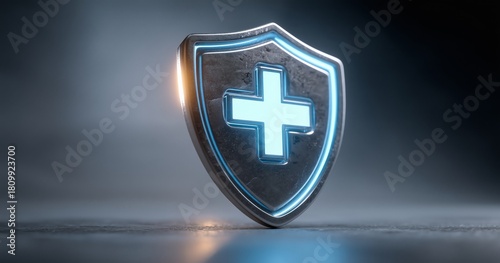 Shield With Glowing Cross Symbolizing Healthcare Protection and Security