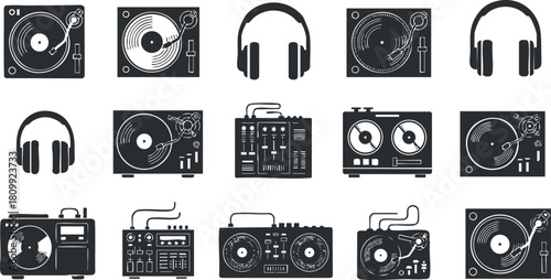 Collection of black and white vector icons featuring DJ equipment, turntables, headphones, and audio devices for music production.