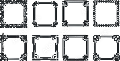 Set of nine ornate black and white vector frames ideal for invitations, certificates, and design projects.