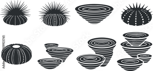 Stylized black and white vector illustration of various cactus and succulent shapes for botanical design projects