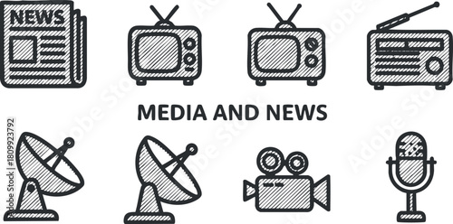 Hand-drawn vector icon set depicting media and news elements including newspapers, televisions, radios, and microphones for communication and branding projects