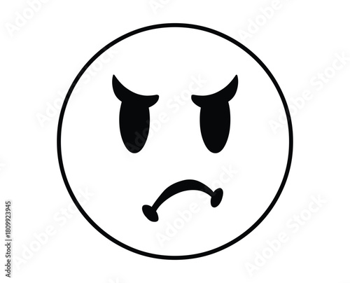 Illustration of a white circle with an angry face featuring curved eyebrows and a downturned mouth