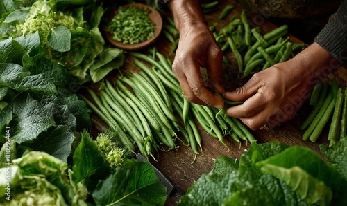 Hands Preparing Fresh Green Beans Among Herbs at a Local Market in the Mornin...