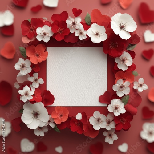 Colorful Floral Frame With Hearts Set on a Red Backdrop for Special Occasions