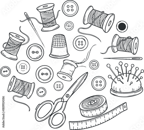 Hand-drawn vector illustration featuring a collection of sewing tools and accessories including thread spools, buttons, scissors, and measuring tape for crafting projects.