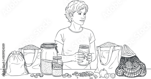 Outline illustration of a woman surrounded by jars and bags of healthy food, promoting sustainable shopping practices.