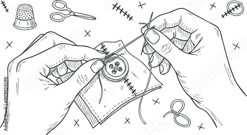 Detailed line art illustration depicting hands sewing a button onto fabric, perfect for textile and craft-related projects