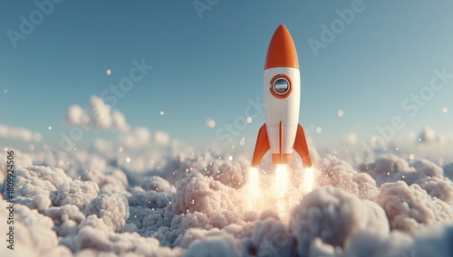 Bright Orange Rocket Launching Into a Blue Sky With Fluffy Clouds During Daytime