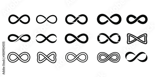 Collection of infinity symbols isolated on white background in various styles