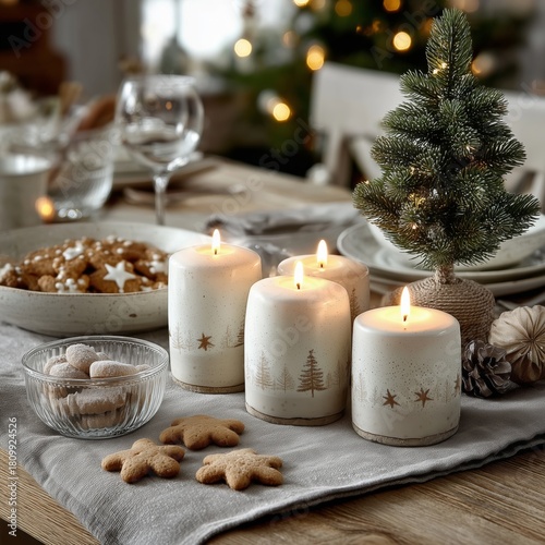 Cozy Winter Table Setting With Candles, Cookies, and Festive Decorations in a...