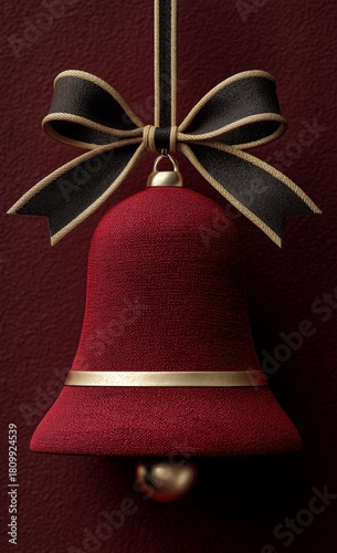 Festive Red Bell With Ribbon Hanging Against a Textured Background